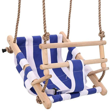 Baby Indoor Swing – Blue Cotton Seat with Safety Belt – Wooden Frame
