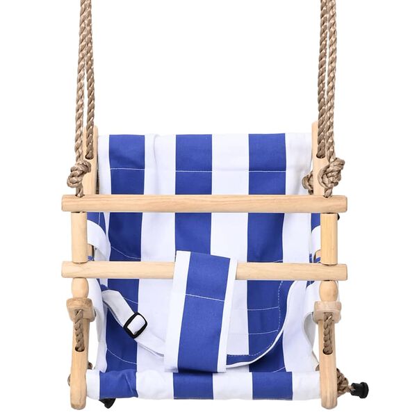 Baby Indoor Swing – Blue Cotton Seat with Safety Belt – Wooden Frame