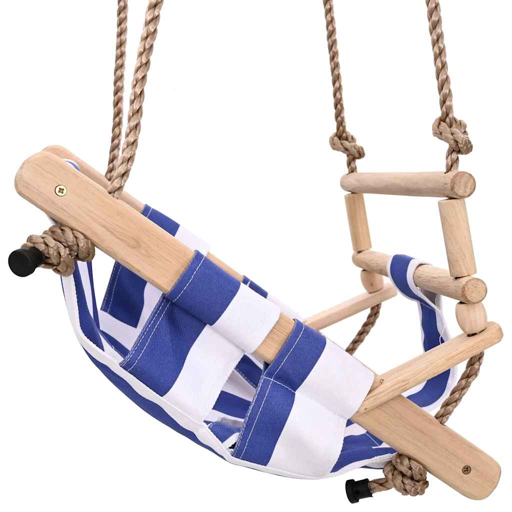 Baby Indoor Swing – Blue Cotton Seat with Safety Belt – Wooden Frame